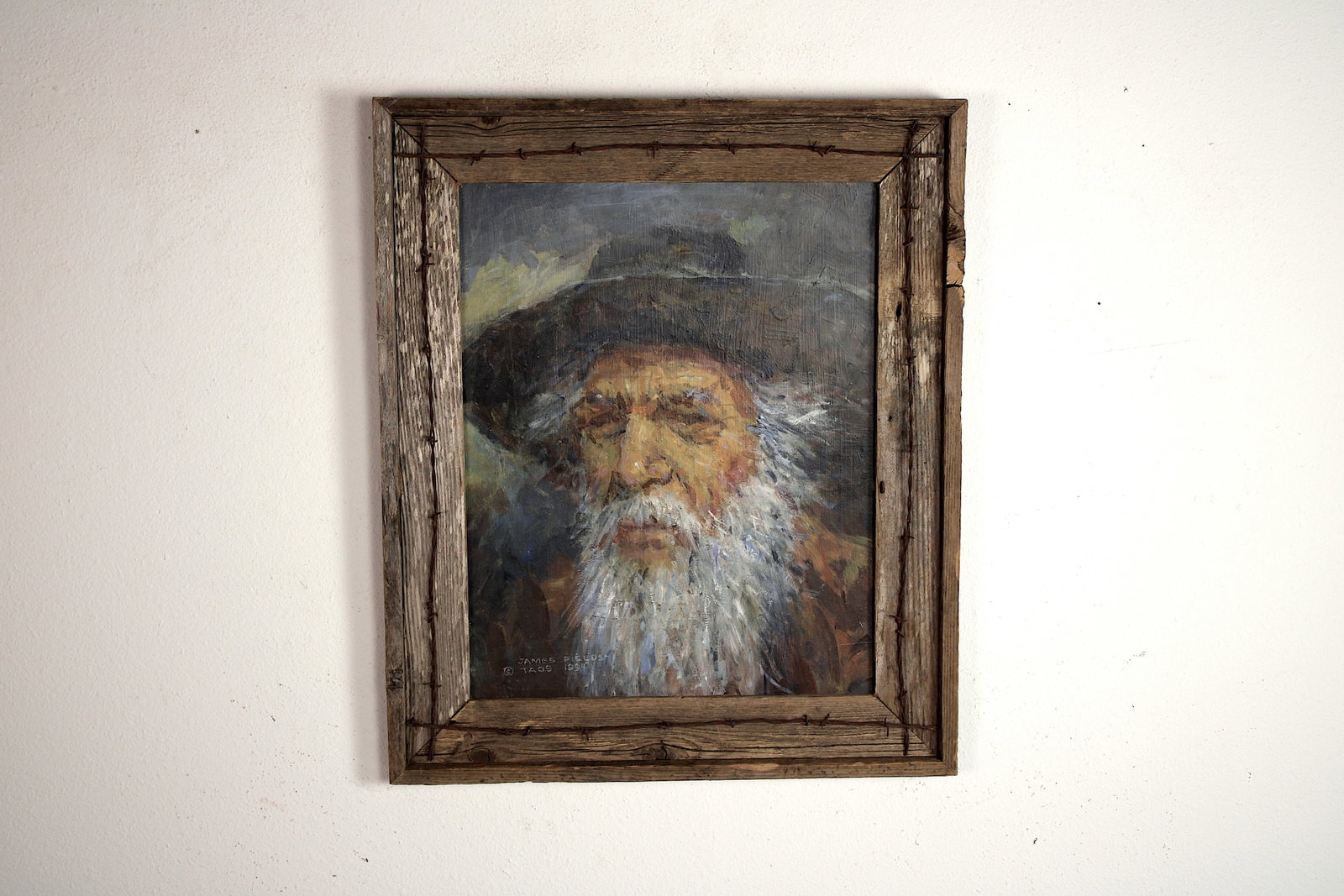 James FIELDS (American) Original Acrylic on Board, Signed Lower Left, "Old Man": Original acrylic on board by James Fields. Measures 16x20 inches. Exquisitely Framed. Category: Folk Art Portrait, Listed Artist Original. A distinctly eccentric character study by James Fields, showc