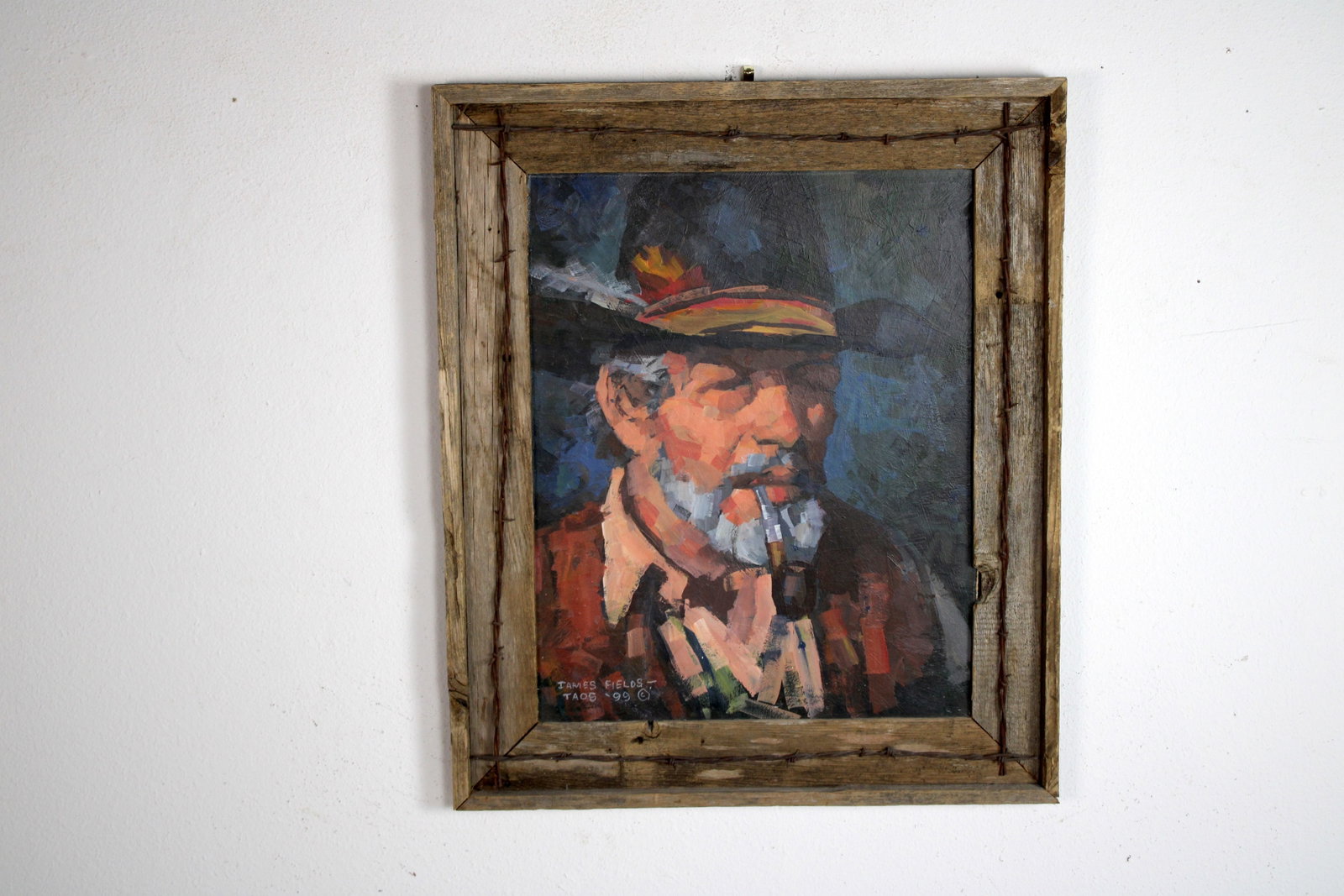 James FIELDS (American) Original Acrylic on Board, Signed Lower Left, "Contented Rancher": Original acrylic on board by James Fields. Measures 16x20 inches. Exquisitely Framed. Category: Folk Art Portrait, Listed Artist Original. A distinctly eccentric character study by James Fields, showc