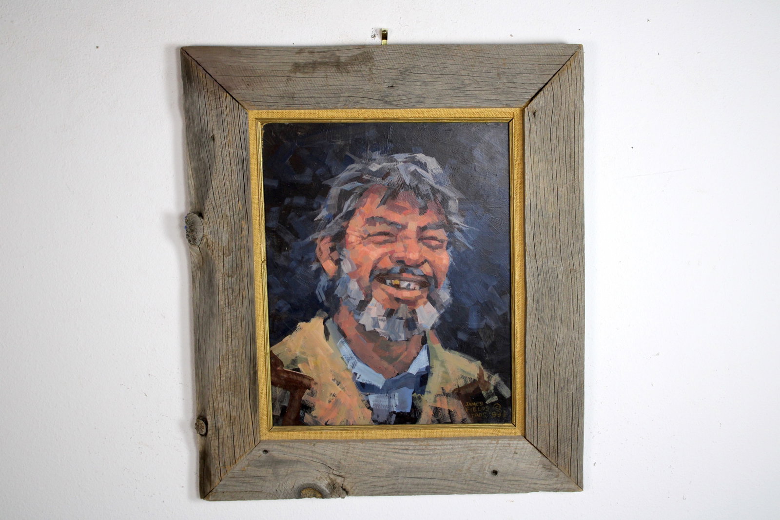 James FIELDS (American) Original Acrylic on Board, Signed Lower Right, Untitled: Original acrylic on board by James Fields. Measures 16x20 inches. Exquisitely Framed. Category: Folk Art Portrait, Listed Artist Original. A distinctly eccentric character study by James Fields, showc