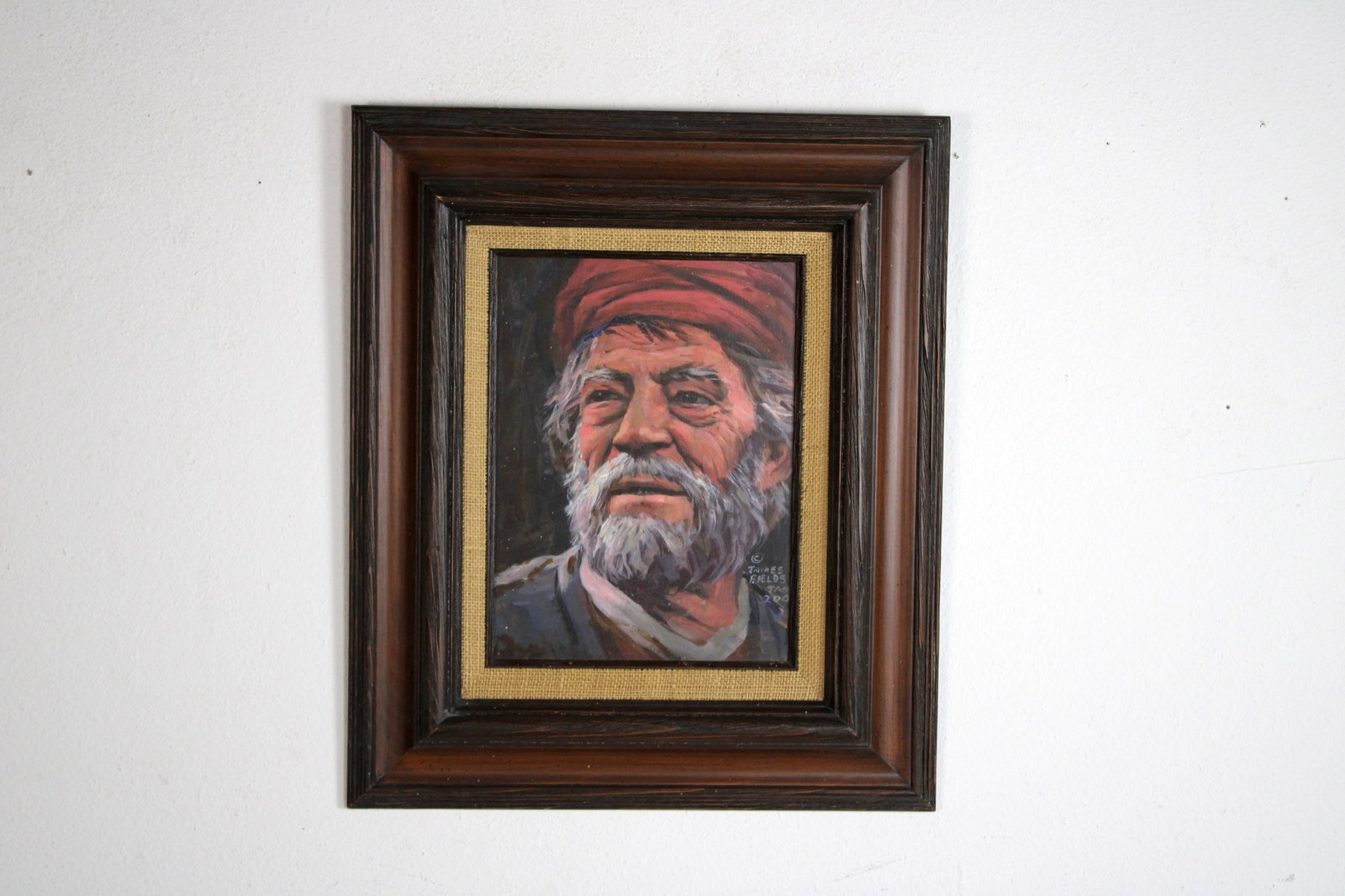 James FIELDS (American) Original Acrylic on Board, Signed Lower Right, "Middle East Merchant": Original acrylic on canvas by James Fields. Measures 9x12 inches. Exquisitely Framed. Category: Folk Art Portrait, Listed Artist Original. A departure character study by James Fields, showcasing a man