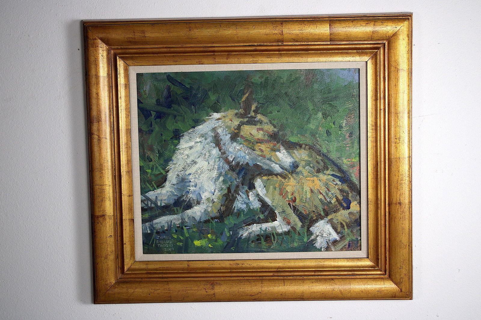 James FIELDS (American) Original Acrylic on Board, Signed Lower Left, "Grooming": Original acrylic on board by James Fields. Measures 20x24 inches. Exquisitely Framed. Category: Folk Art Portrait, Listed Artist Original. A distinctly eccentric character study by James Fields, showc