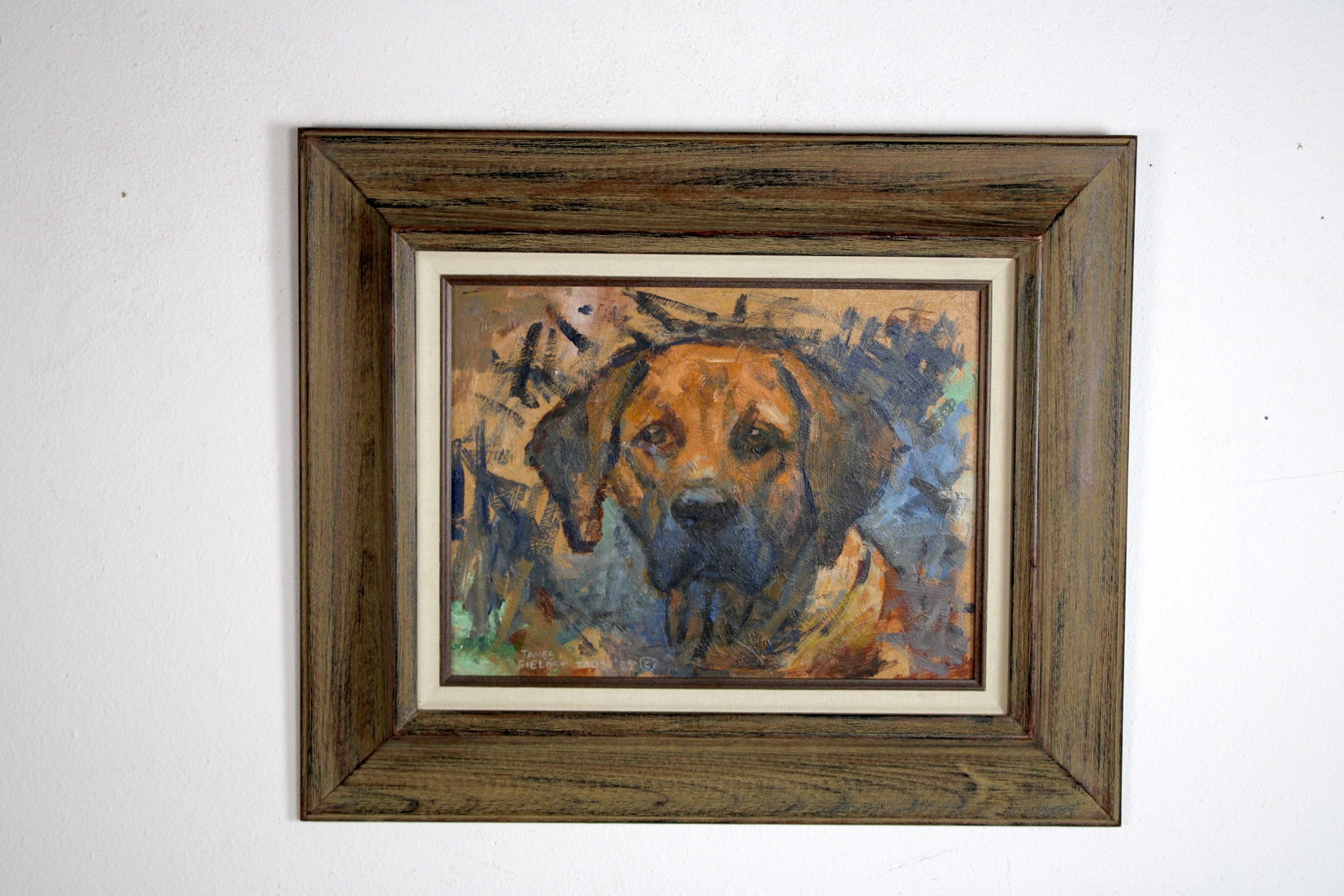 James FIELDS (American) Original Acrylic on Board, Signed Lower Left, "Sad Dog": Original acrylic on board by James Fields. Measures 12x16 inches. Exquisitely Framed. Category: Folk Art Portrait, Listed Artist Original. A distinctly eccentric character study by James Fields, showc