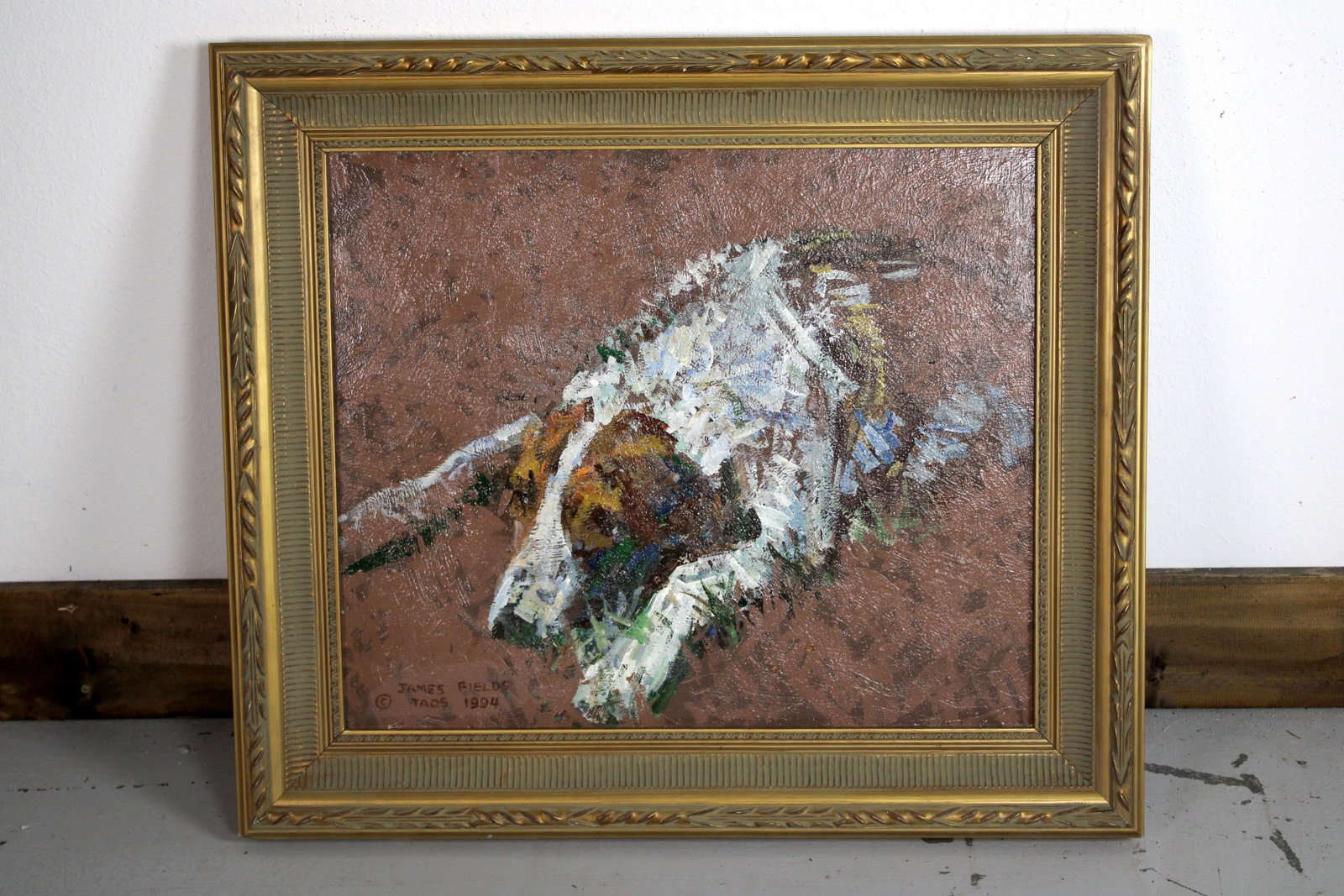 James FIELDS (American) Original Acrylic on Board, Signed Lower Left, "Rusty": Original acrylic on board by James Fields. Measures 20x24 inches. Exquisitely Framed. Category: Folk Art Portrait, Listed Artist Original. A distinctly eccentric character study by James Fields, showc