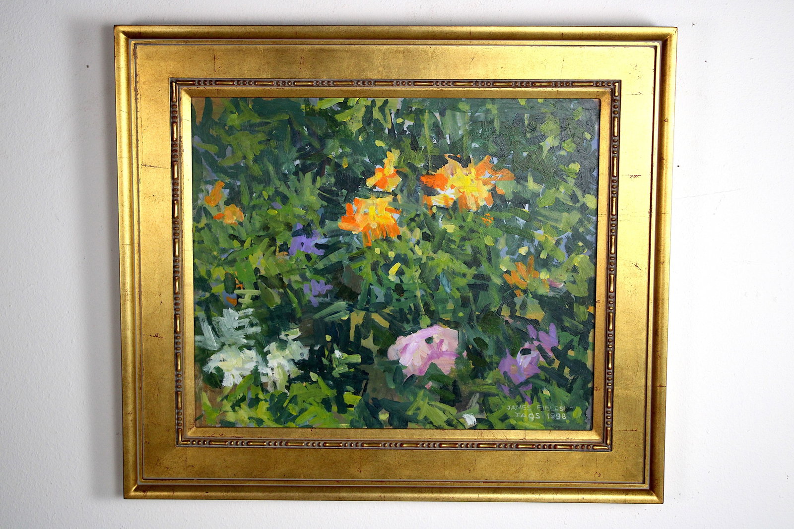 James FIELDS (American) Original Acrylic on Board, Signed Lower Right, "Flowers # 102": Original acrylic on board by James Fields. Measures 20x24 inches. Exquisitely Framed. Category: Western Landscape Painting, High Desert Landscape Art, New Mexico Skies, Southwestern Fine Art, Listed A