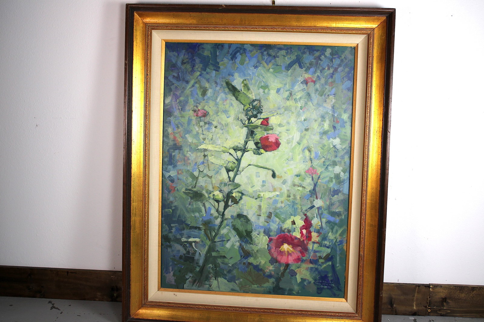 James FIELDS (American) Original Acrylic on Board, Signed Lower Right, "Hollyhocks": Original acrylic on board by James Fields. Measures 40x30 inches. Exquisitely Framed. Category: Western Landscape Painting, High Desert Landscape Art, New Mexico Skies, Southwestern Fine Art, Still Li