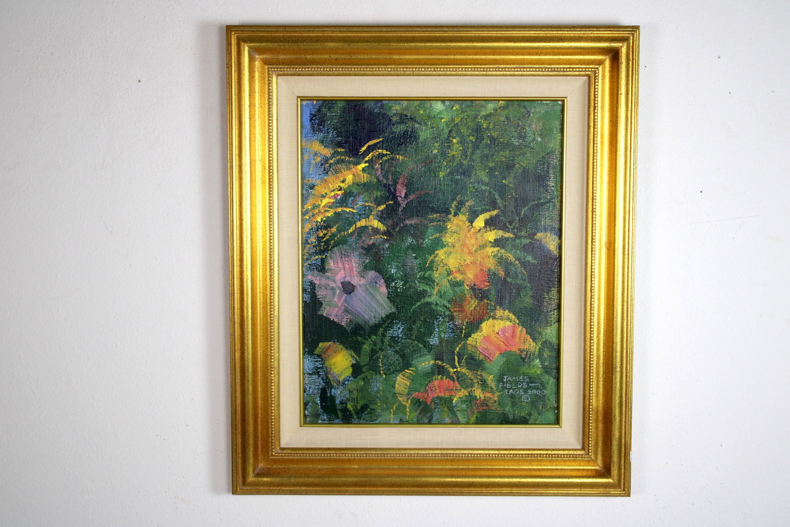 James FIELDS (American) Original Acrylic on Canvas, Signed Lower Right, "Flowers": Original acrylic on canvas by James Fields. Measures 20x16 inches. Exquisitely Framed. Category: Western Landscape Painting, High Desert Landscape Art, New Mexico Skies, Southwestern Fine Art, Listed 