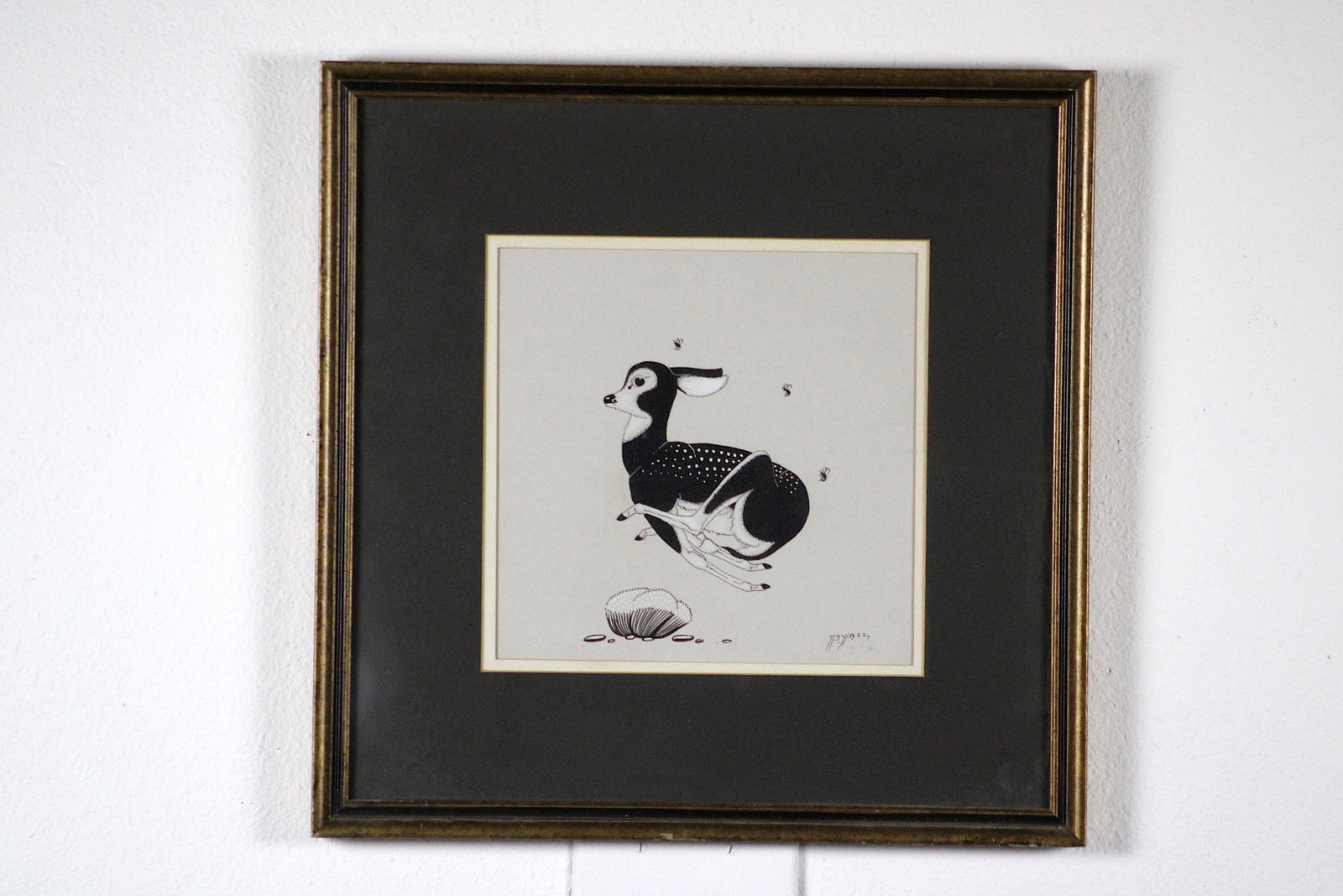 Beatien Yazz Navajo Running Deer & Bumblebees: Beatien Yazz (Little No Shirt / Jimmy Toddy) (Navajo/Diné, 1928-2012), "Running Deer and Bumblebees." Original watercolor/casein painting depicting a black-and-white deer in mid-leap, rendered in bol