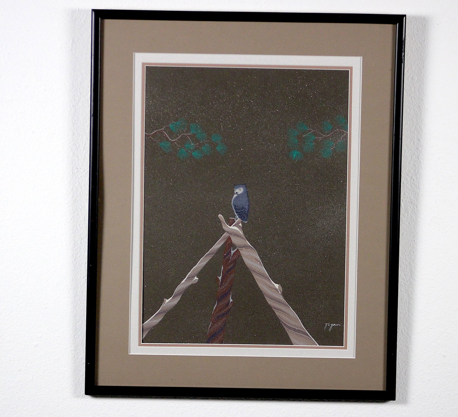 Beatien Yazz Navajo Owl on Post Gouache Night: Beatien Yazz (Diné/Navajo, 1928-2012), "Owl on Post." Original gouache on board depicting a small blue-gray owl perched at the peak of three crossed, weathered wooden fence posts or poles under a dee
