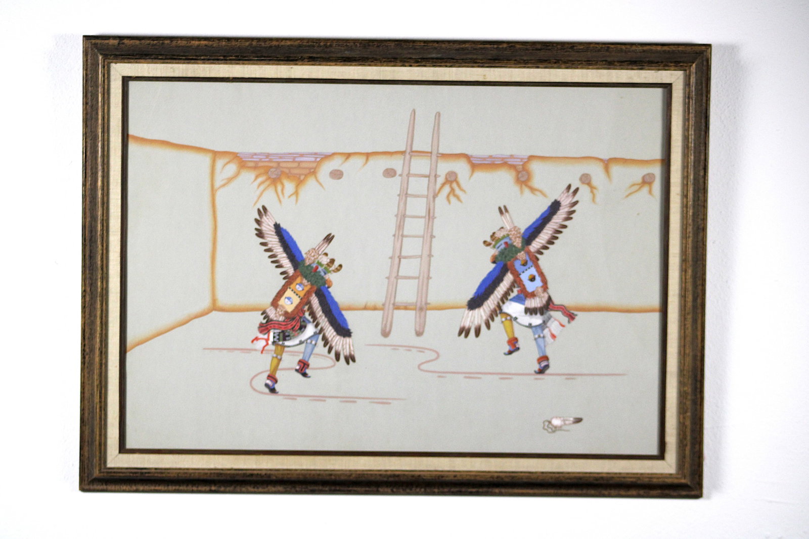 Johnny Secatero Navajo Eagle Dancer Painting: Johnny Secatero (Navajo/Diné, 1945-2010), "Eagle Dancer." Original watercolor and gouache painting on paper depicting two Eagle Dancers in elaborate ceremonial regalia - feathered wing costumes with 