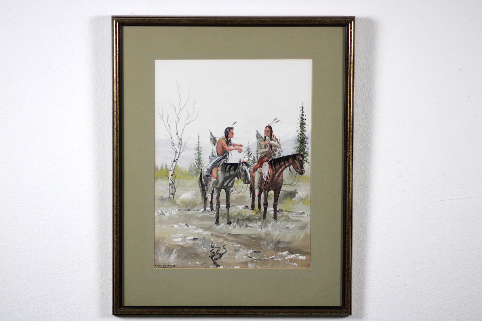 Bobby Hill Whitebuffalo Kiowa Old Times 1970: Bobby Hill "Whitebuffalo" (Kiowa, 1933-1984) Original watercolor/tempera on paper depicting two mounted Kiowa men in traditional dress - feathered hair ornaments, fringed and beaded regalia, and rifle