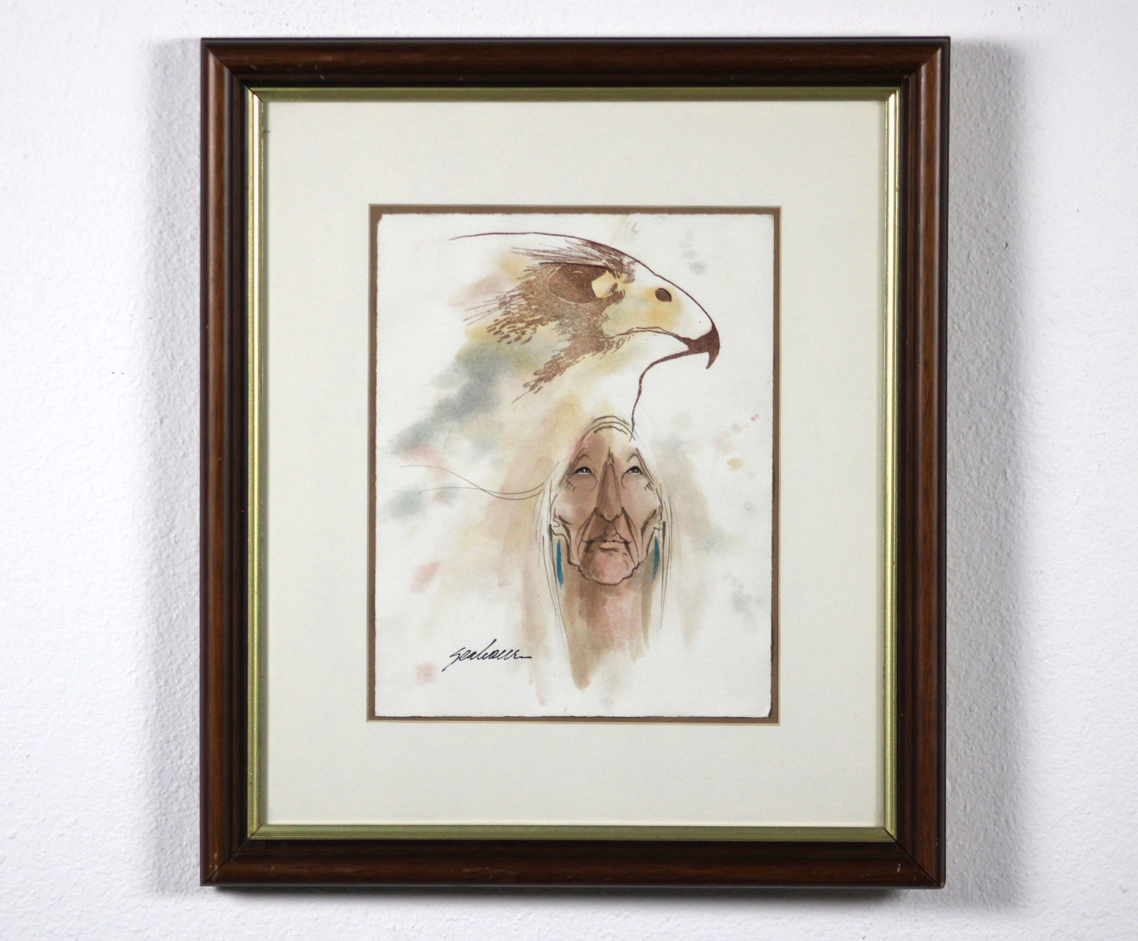 Bert Seabourn Cherokee White Hawk Mixed Media: Bert Dail Seabourn (Cherokee, 1931-2022), "White Hawk." Original mixed media work in ink and watercolor combining two of Seabourn's most recognized and frequently paired subjects: a finely lined portr