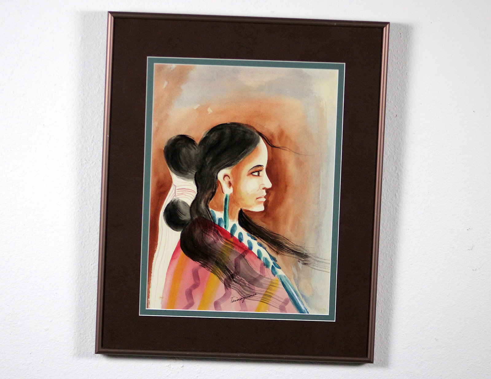 Andrew Tsinajinnie Navajo Girl Watercolor: Andrew Van Tsinajinnie (Yazzie Behe / Little Grey) (Navajo/Diné, 1916-2000), "Navajo Girl Portrait." Original watercolor painting depicting a young Navajo woman in profile, her long dark hair gathere