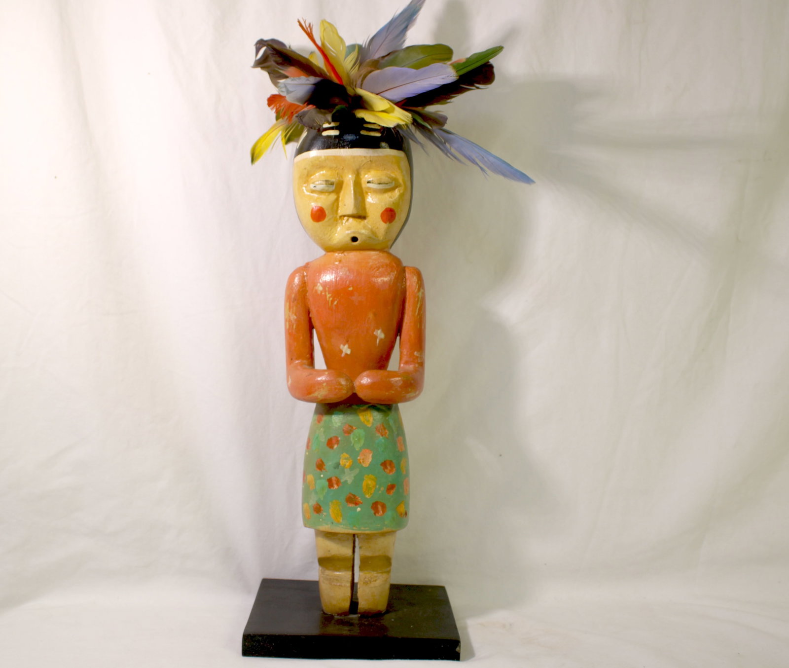 Gregory Lomayesva Hopi Carved Katsina Figure: Gregory Lomayesva (Hopi/Hispanic, b. 1971), a carved wood katsina-style standing figure, 2004. A full-figure carved wood sculpture depicting a stylized katsina/kachina figure with arms crossed at the 