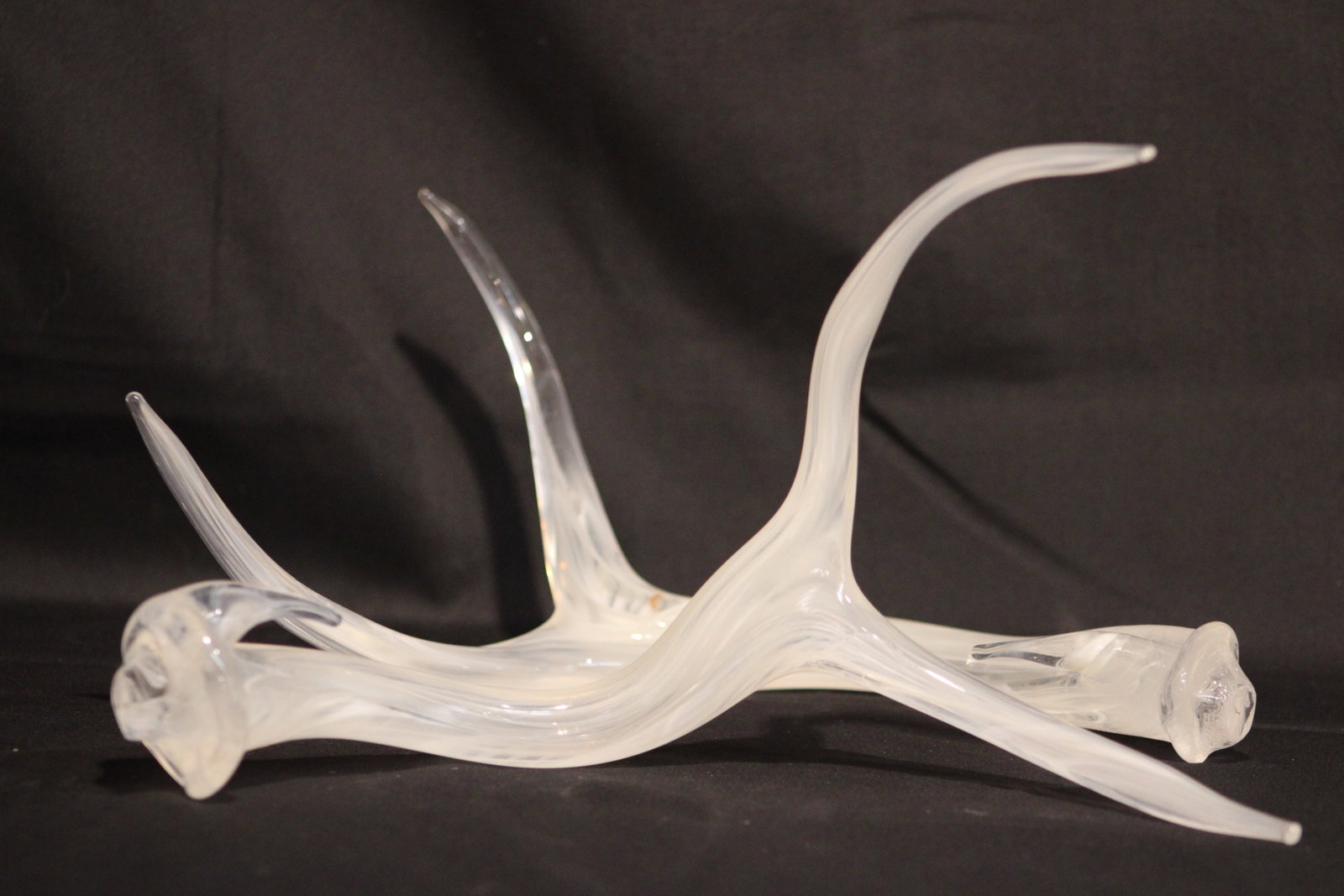 Ira Lujan Taos Pueblo Glass Antler Frosted White: Hand-blown art glass antler sculpture by Ira Lujan (Taos/Ohkay Owingeh Pueblo), depicting a branching, multi-point antler form in frosted opaque white glass with clear glass tines and tips, the surfac