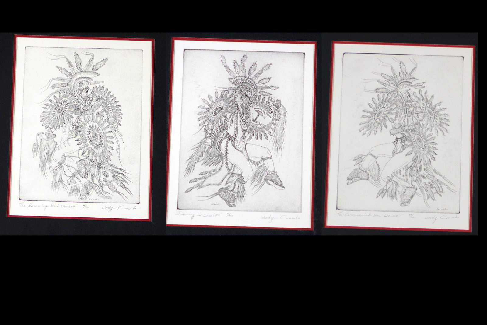 Woody Crumbo Three Ceremonial Dancer Etchings