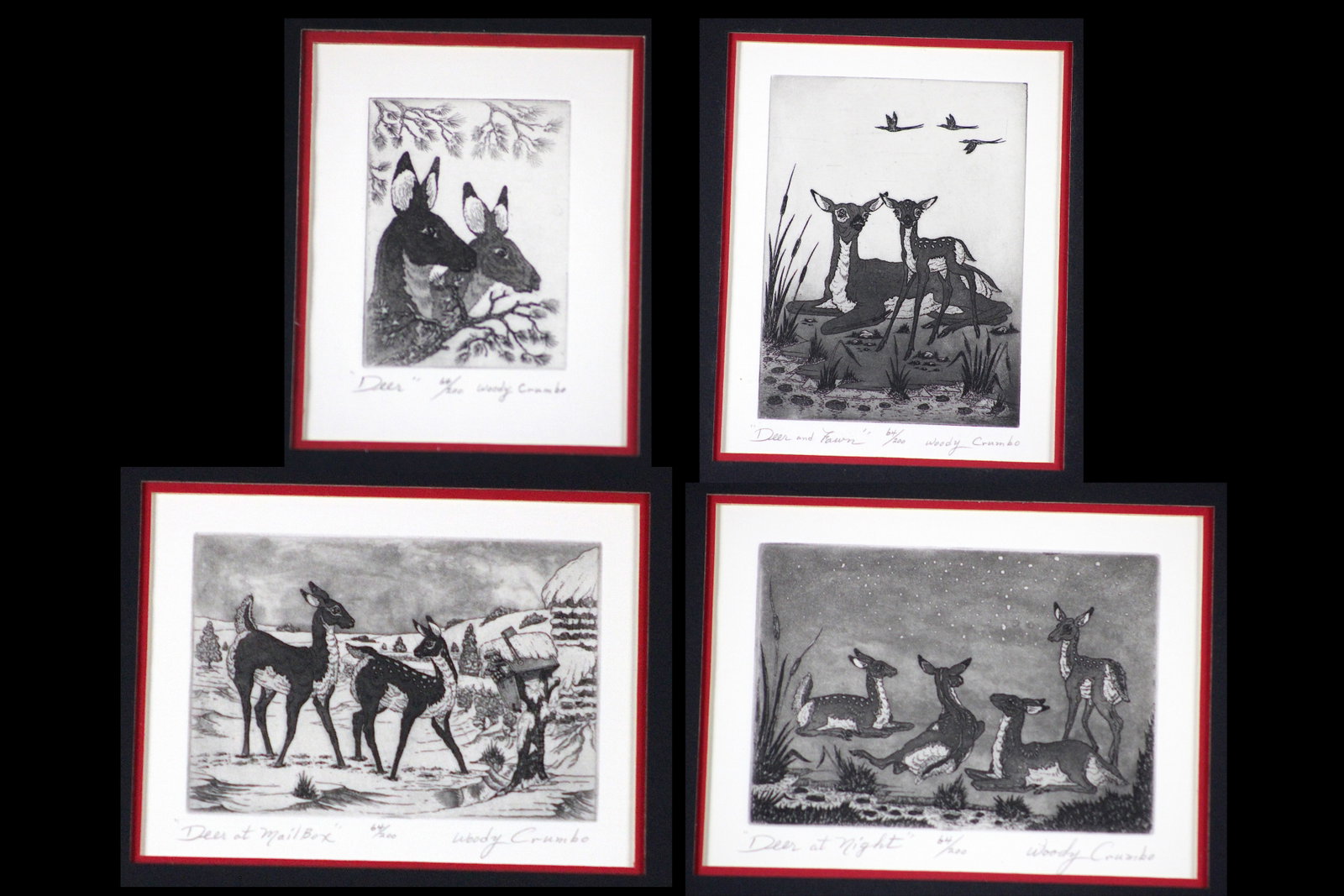 Woody Crumbo Four Deer Etchings 64/200: Woody Crumbo (Potawatomi, 1912-1989), a matched set of four original limited-edition intaglio prints (etchings), all sharing the identical edition number 64/200: "Deer at Night," "Deer at Mail Box," "