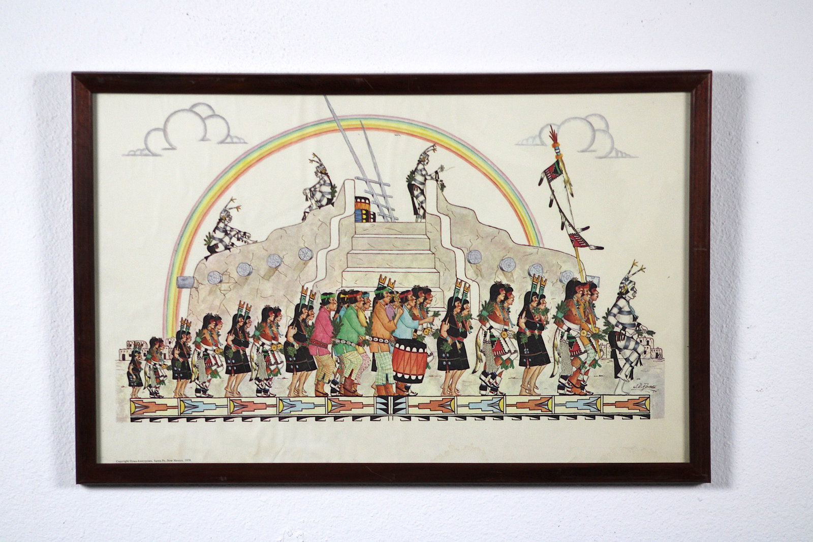 J.D. Roybal Rainbow Dance Santo Domingo 1976: José Disiderio "J.D." Roybal (Oquwa, "Rain God") (San Ildefonso Pueblo, 1922-1978), "Rainbow Dance at Santo Domingo Pueblo." Published print depicting a large-scale multi-figure Pueblo ceremonial pro