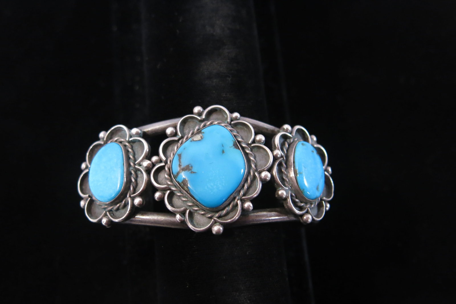 Navajo Sterling Turquoise Flower Bezel Cuff (1 of 6)