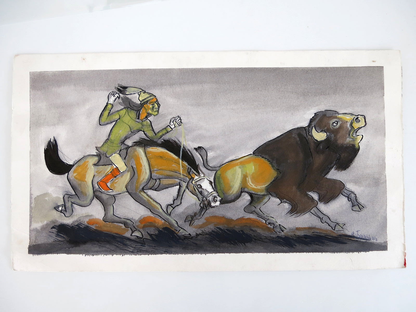 Andrew Tsinajinnie (Navajo, 1916-2000) "Buffalo Hunt" Original Watercolor (1 of 7)
