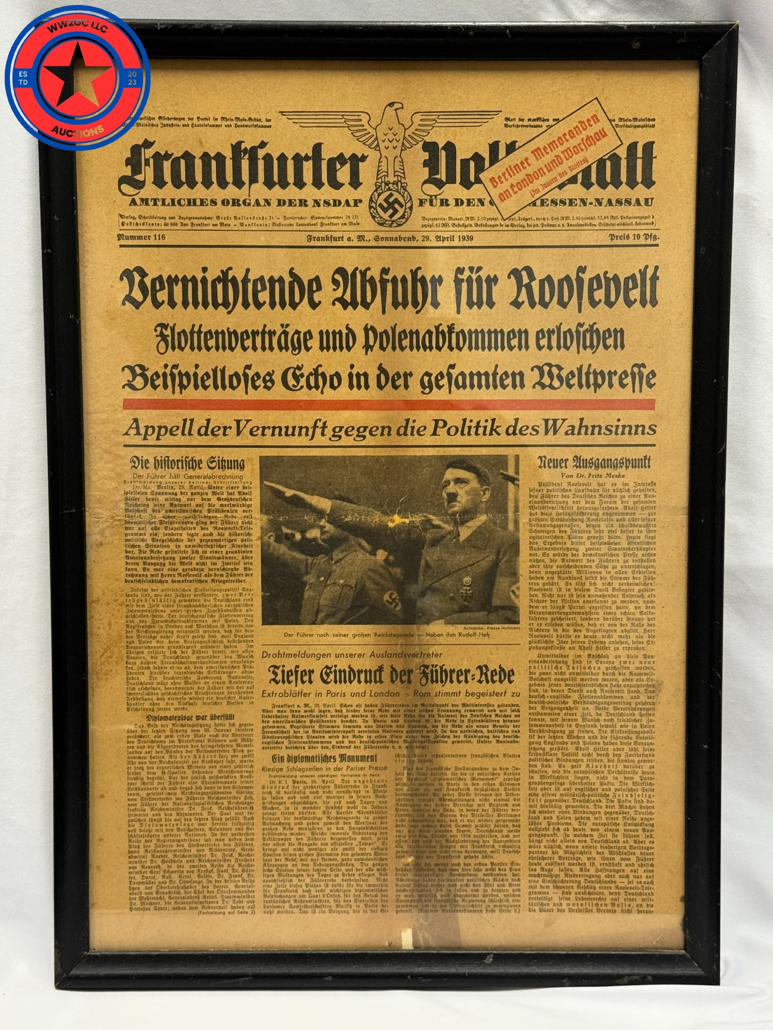 WW2 German Framed newspaper Reichstag 1939: DEVISTING REPLY TO ROOSEVELT ADOLF HITLER BEFORE THE REICHSTAG ON 28 APRIL 1939 FRANKFURTER VOLK