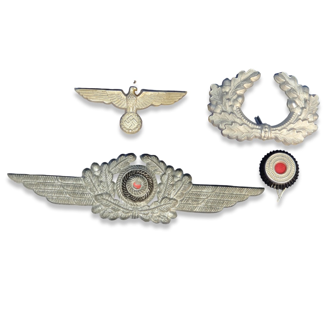WW2 German Third Reich Hat Insignia Set - Heer and Luftwaffe Styles - UNVERIFIED: Cast base metal alloy (pot metal/pewter style) with crude paint applied to the central cockades.