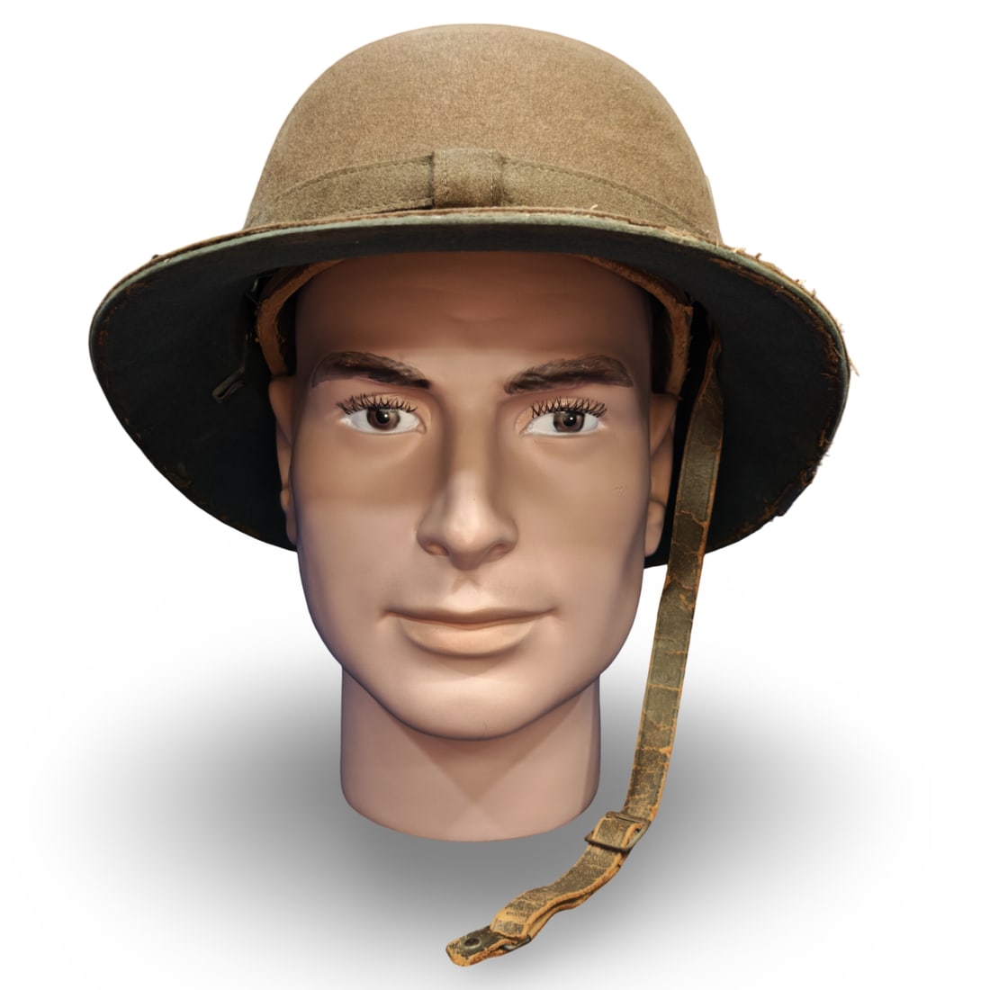 WW2 German Third Reich Heer Afrikakorps 2nd Pattern Tropical Pith Helmet - Tropenhelm: Pressed wool/felt body with an olive fabric brim trim. The interior features a red cotton dome lining and a leather sweatband and chinstrap.