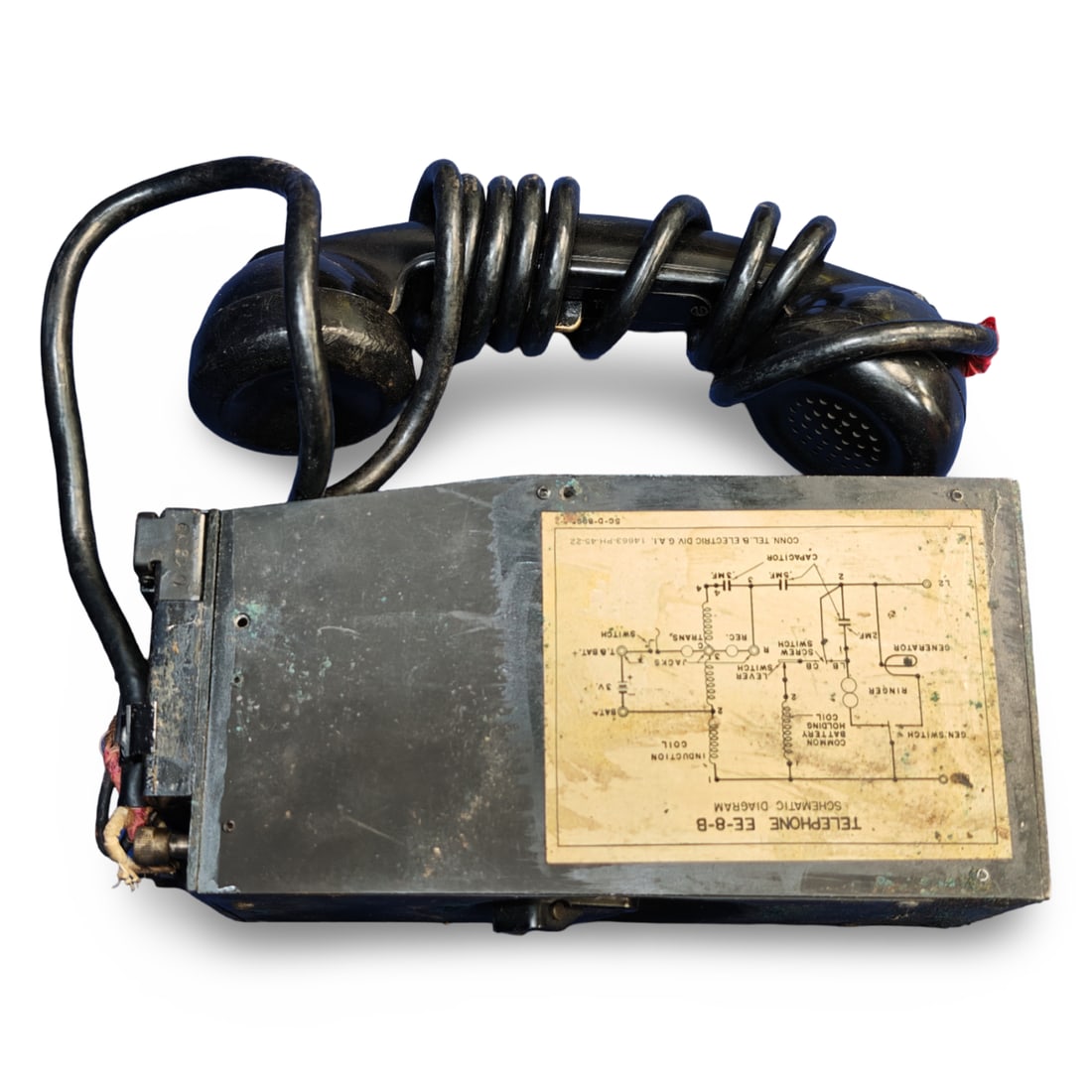 WWII US Army Signal Corps Field Telephone Type EE-8-B: Connecticut Telephone & Electric Division (G.A.I.), based on the markings found on the internal schematic label ("CONN. TEL. & ELECTRIC DIV G.A.I.").Russet leather carrying case, black Bakelite