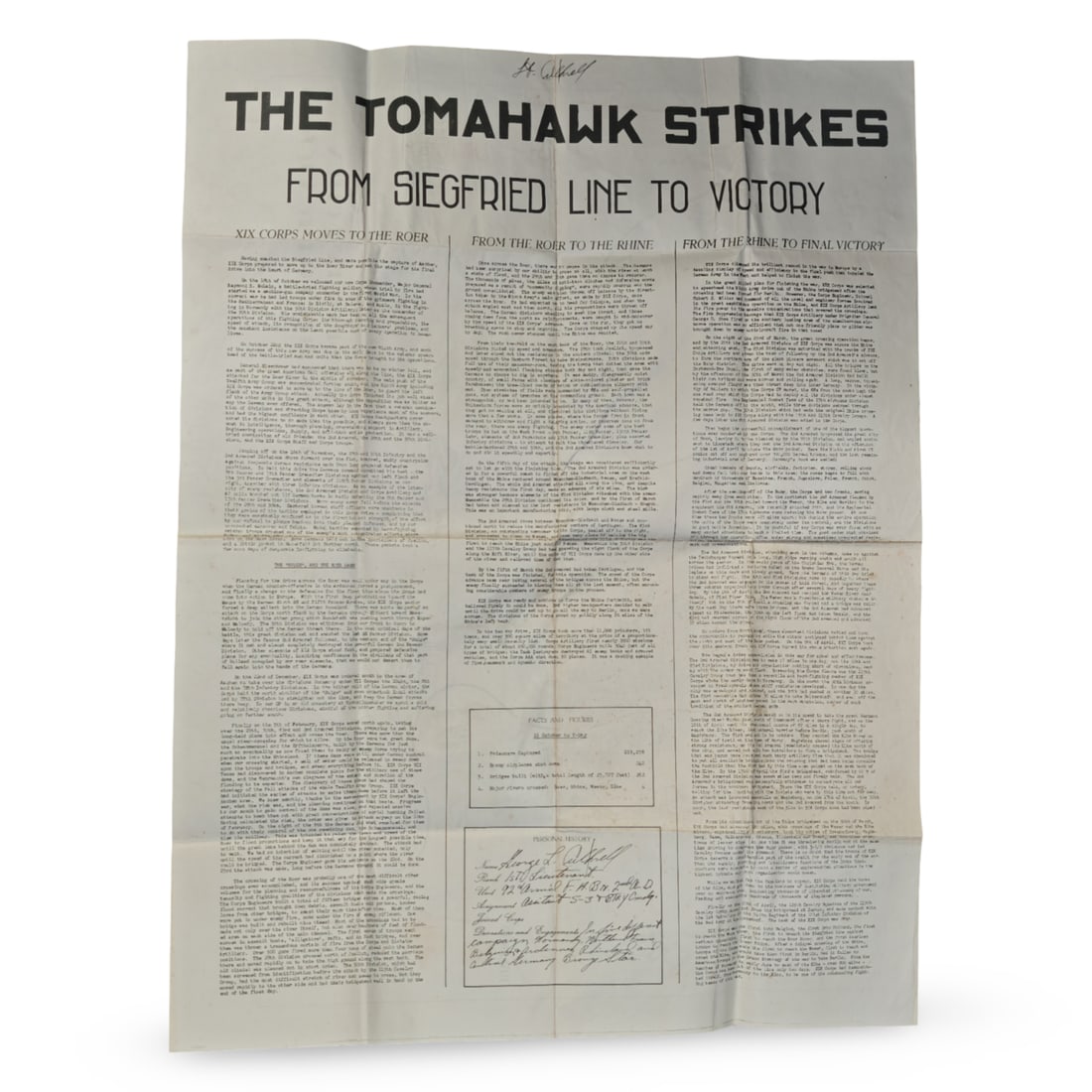 WWII US Army XIX Corps Route Map Souvenir - The Tomahawk Strikes from Siegfried Line to Victory Vol1: Drawn by T/5 Henry J. MacMillan and reproduced by the 62nd Engineer Topographic Company, U.S. Army in May 1945.