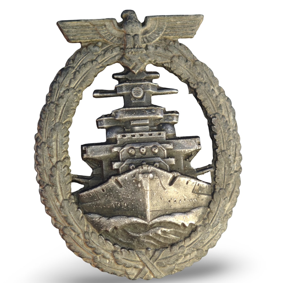 WW2 German Third Reich High Seas Fleet Badge - Schwerin - Flottenkriegsabzeichen: Schwerin, Berlin. The reverse prominently features the raised maker mark "FEC. ADOLF BOCK - AUSF. SCHWERIN BERLIN", indicating both the designer and the manufacturer.