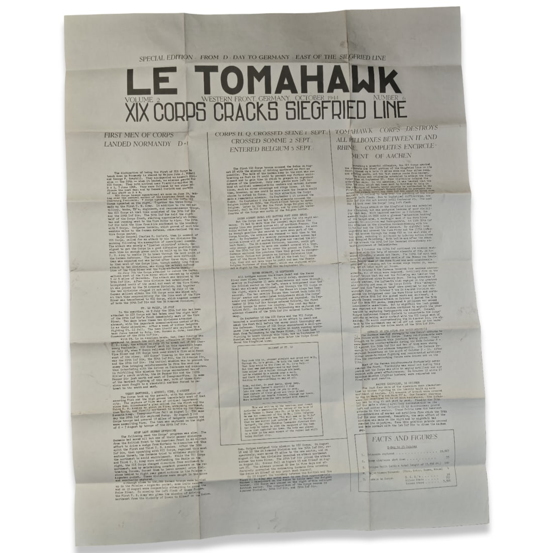 WWII US Army XIX Corps Newsletter "The Tomahawk" Vol. 2: Drawn by T/5 Henry J. MacMillan and reproduced by the 62nd Engineer Topographic Company, U.S. Army. Dated October 1944 on the Western Front, Germany.