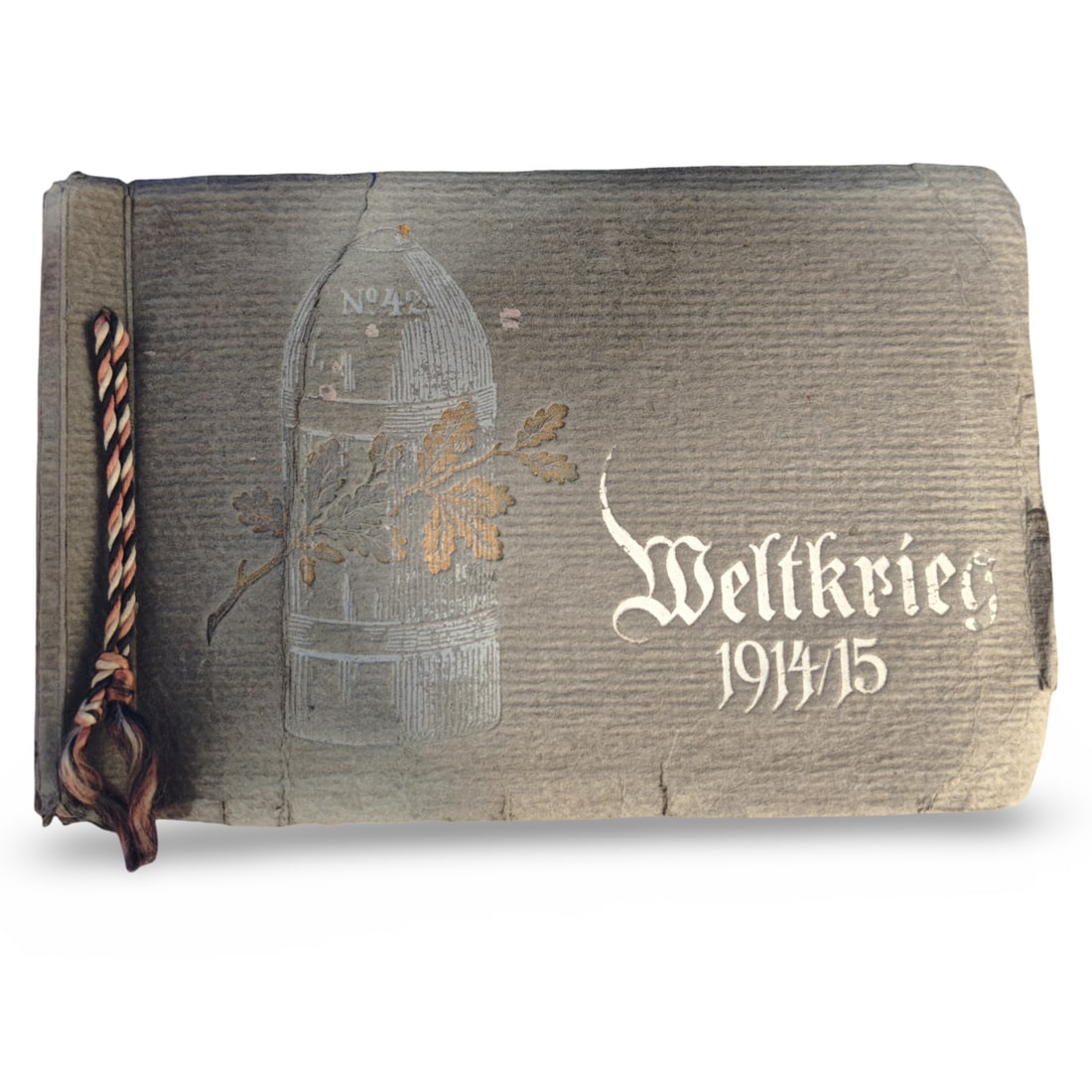 WWI Imperial German Soldier Photo Album & Leave Pass - Urlaubsschein: Compiled by Grenadier Ernst Bloch of the 7. Garde-Infanterie-Regiment.Textured cardstock covers with silver/gold foil embossing, black heavy-stock paper leaves, Imperial tri-color -black, white, red-