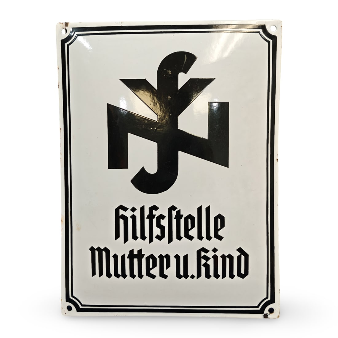 WW2 German Third Reich German NSV Hilfsstelle Mutter u. Kind Enamel Wall Sign: Vitreous glass enamel (Emailleschild) fired over a convex sheet steel base.