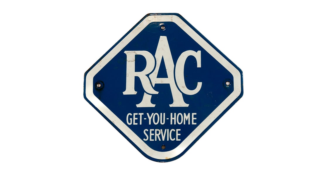 RAC Get You Home Service Enamel Sign: A period vintage flat mount enamel sign in excellent condition with some minor marks measuring 30x30cm