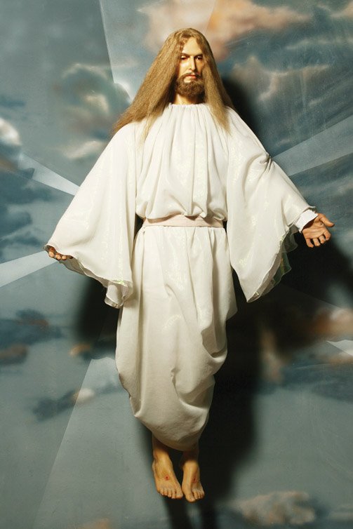 Jesus resurrected wax figure: 156. Jesus resurrected. This radiant figure of Jesus resurrected is posed in his ascension to Heaven with outst