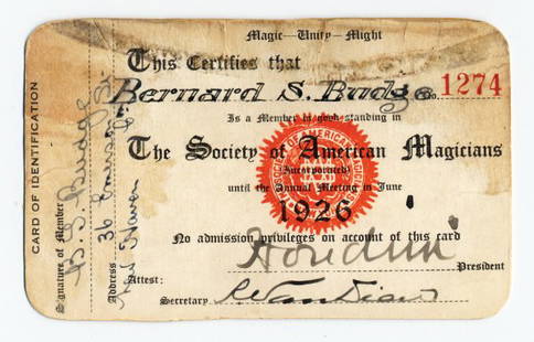 Harry Houdini members card Soc. of Am. Magicians: 636. Harry Houdini signed membership card for the Society of American Magicians. This is a Society of American