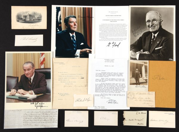 Archive of Presidential signatures: 1330. Archive of Presidential signatures. Archive of 60+ Presidential, First Lady and political signatures, documents, letters, photographs and other ephemera. Highlights include: George Washington, p