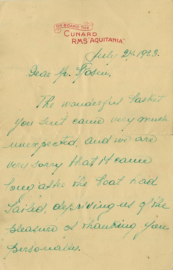 Rudolph Valentino Autograph Letter Signed: 196. Rudolph Valentino Autograph Letter Signed. Autograph Letter Signed, Two and one-third pages, dated "July 27, 1923" on 4 ½ in. x 6 7/8 in. "On Board the Cunard R.M.S. 'Aquitania'" letterhead stat