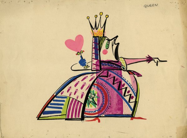 Alice in Wonderland Queen of Heart character design: 637. Alice in Wonderland Queen of Heart color character design. (Lou Bunin Studios, 1949, release delayed to 1951) (See first "Alice" lot for film's details). "Queen of Hearts" character design execut