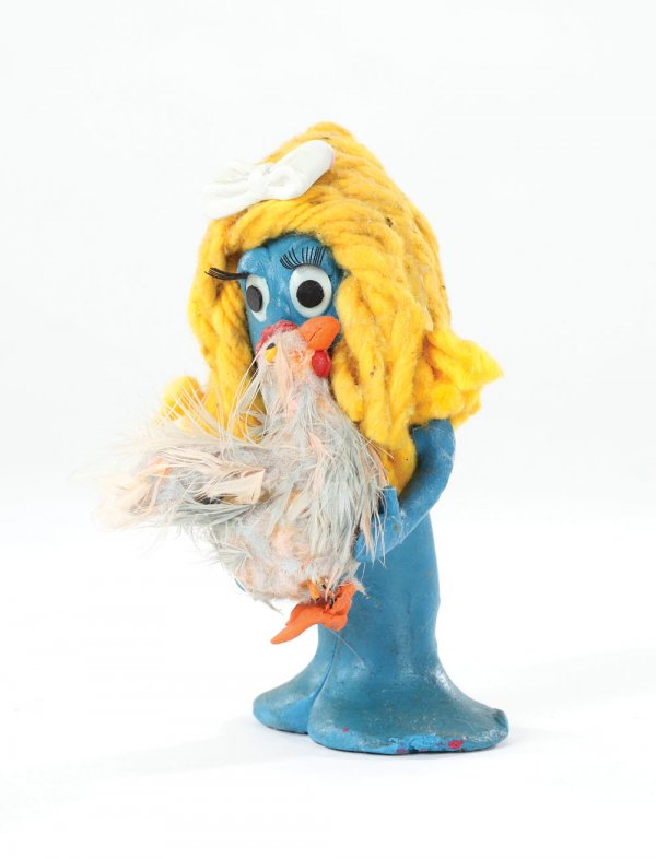 Goo from Gumby Adventures: 728. Goo from Gumby Adventures. (Clokey Productions, 1988) An original Goo animation puppet/figurine constructed from blue modeling clay with yellow yarn for hair, white plaster ribbon, detailed eyela