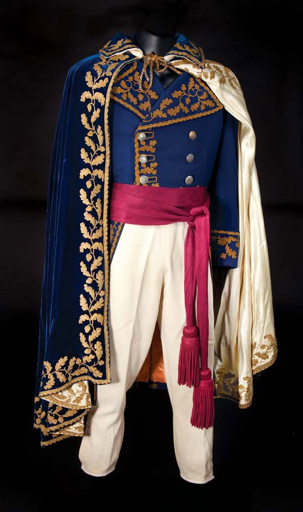 Michael Rennie 4-piece uniform from Desirée: Michael Rennie "Jean-Baptiste Bernadotte" Napoleonic style complete formal 4-piece uniform from Desirée. (TCF, 1954) Blue cutaway Faille coat with heavy gold braid, cream wool trousers and burgundy s