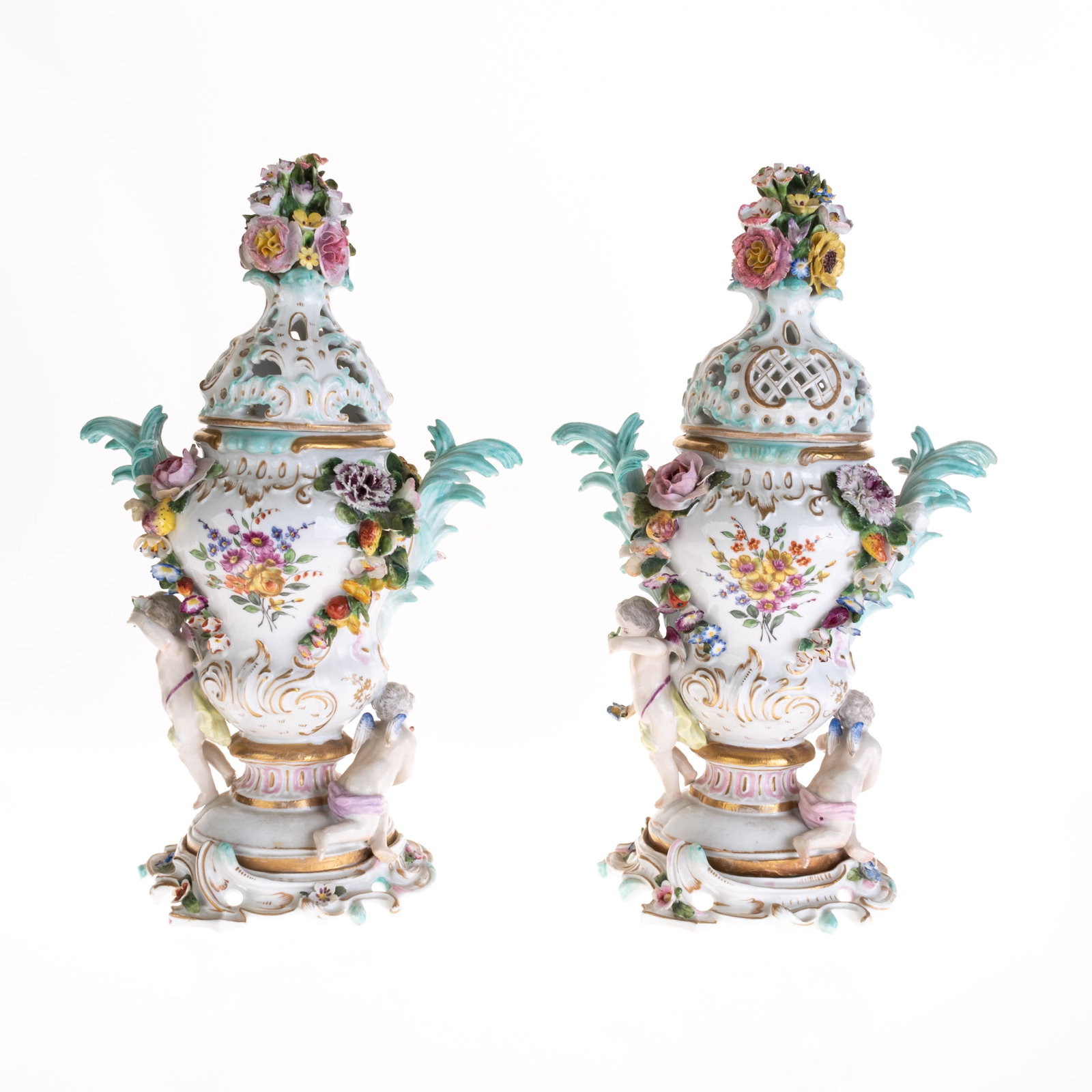 PAIR OF HAND PAINTED MEISSEN PORCELAIN VASES: 20x36x14CM.From a collection of Wedgwood and other selected ceramic/porcelain objects. Kindly examine all photographs provided in this listing or ask for a condition report. All items offered are in g