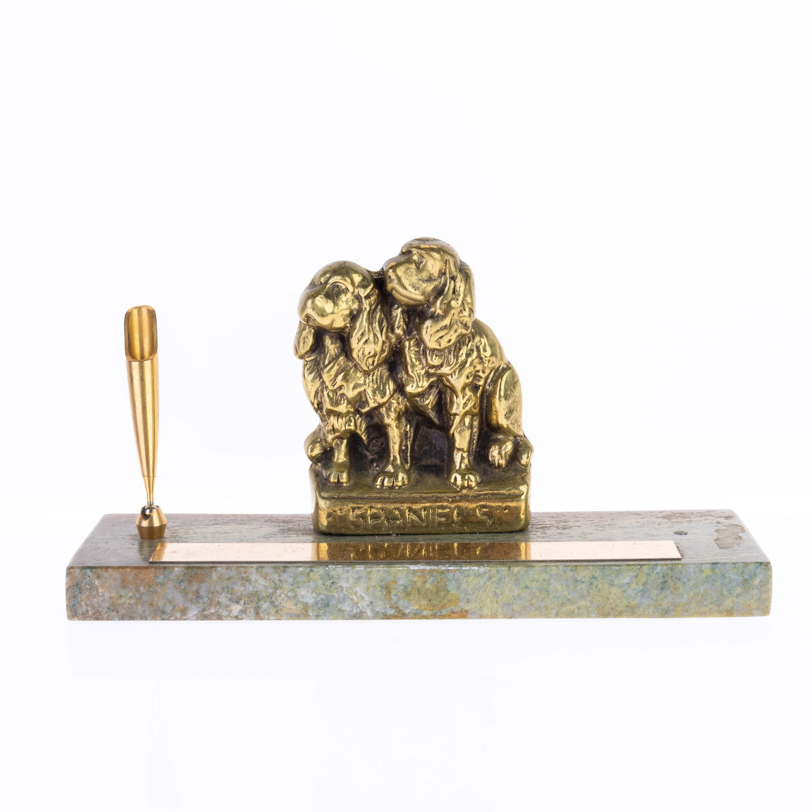 ANTIQUE BRASS SPANIELS DESK WRITING PEN STAND (1 of 2)