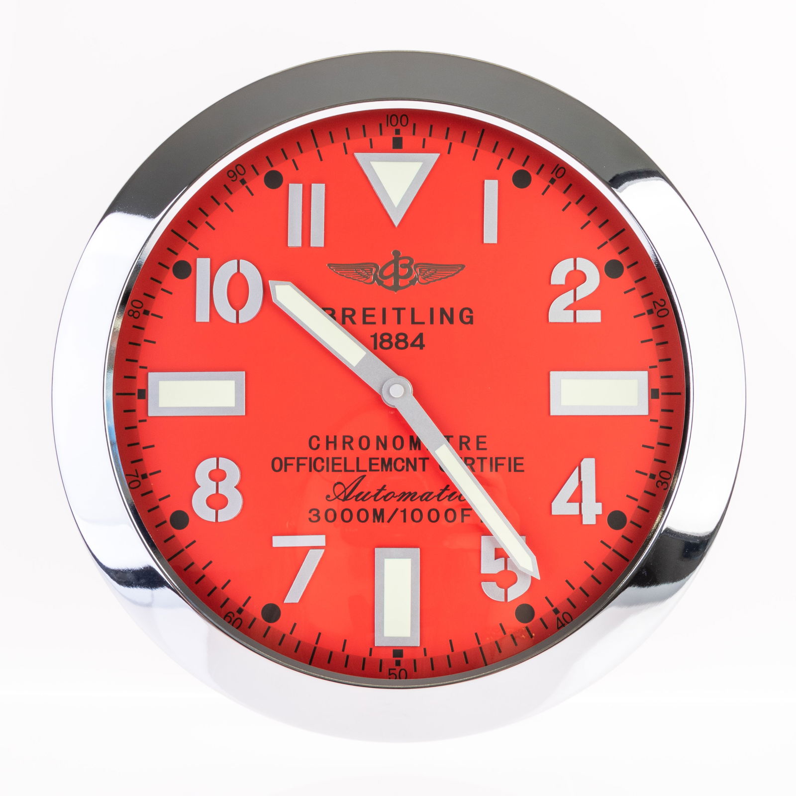 BREITLING ADVERTISING OFFICIAL DEALERSHIP CLOCK: (HEIGHT) 35CM.From a collection of Wedgwood and other selected ceramic/porcelain objects. Kindly examine all photographs provided in this listing or ask for a condition report. All items offered are i
