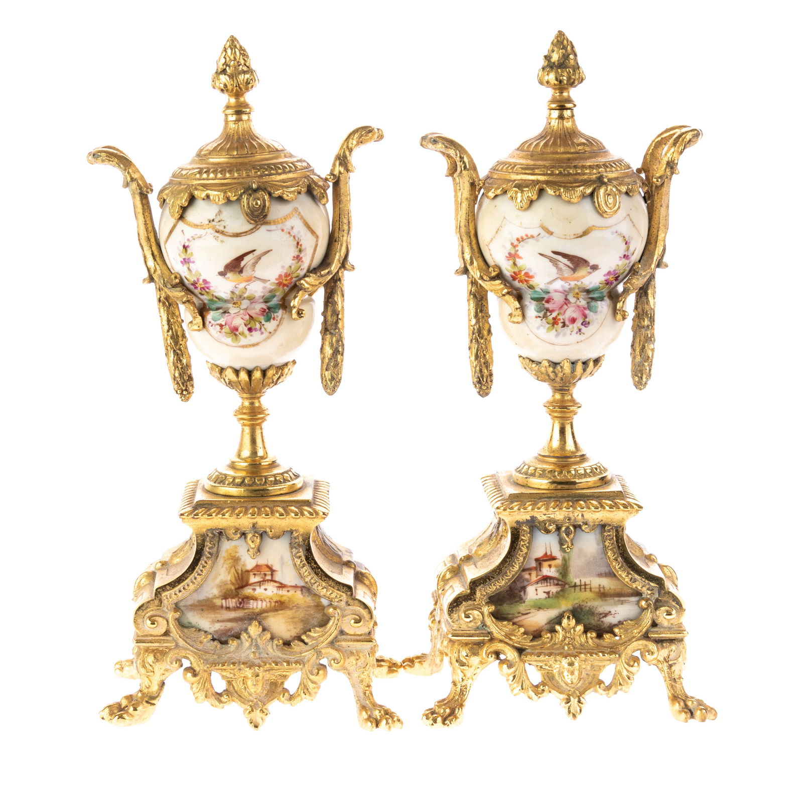 ANTIQUE PAIR OF HAND PAINTED PORCELAIN ORMOLU VASES (1 of 2)