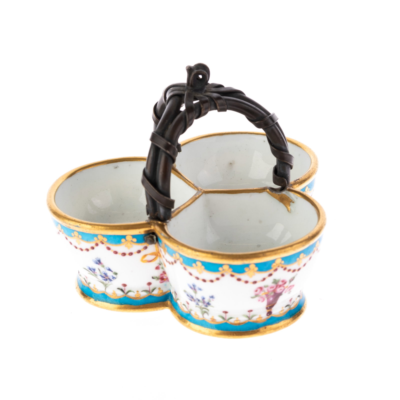 SEVRES FRENCH PORCELAIN HAND-PAINTED BASKET: (W) 10CM.From a collection of Wedgwood and other selected ceramic/porcelain objects. Kindly examine all photographs provided in this listing or ask for a condition report. All items offered are in gen
