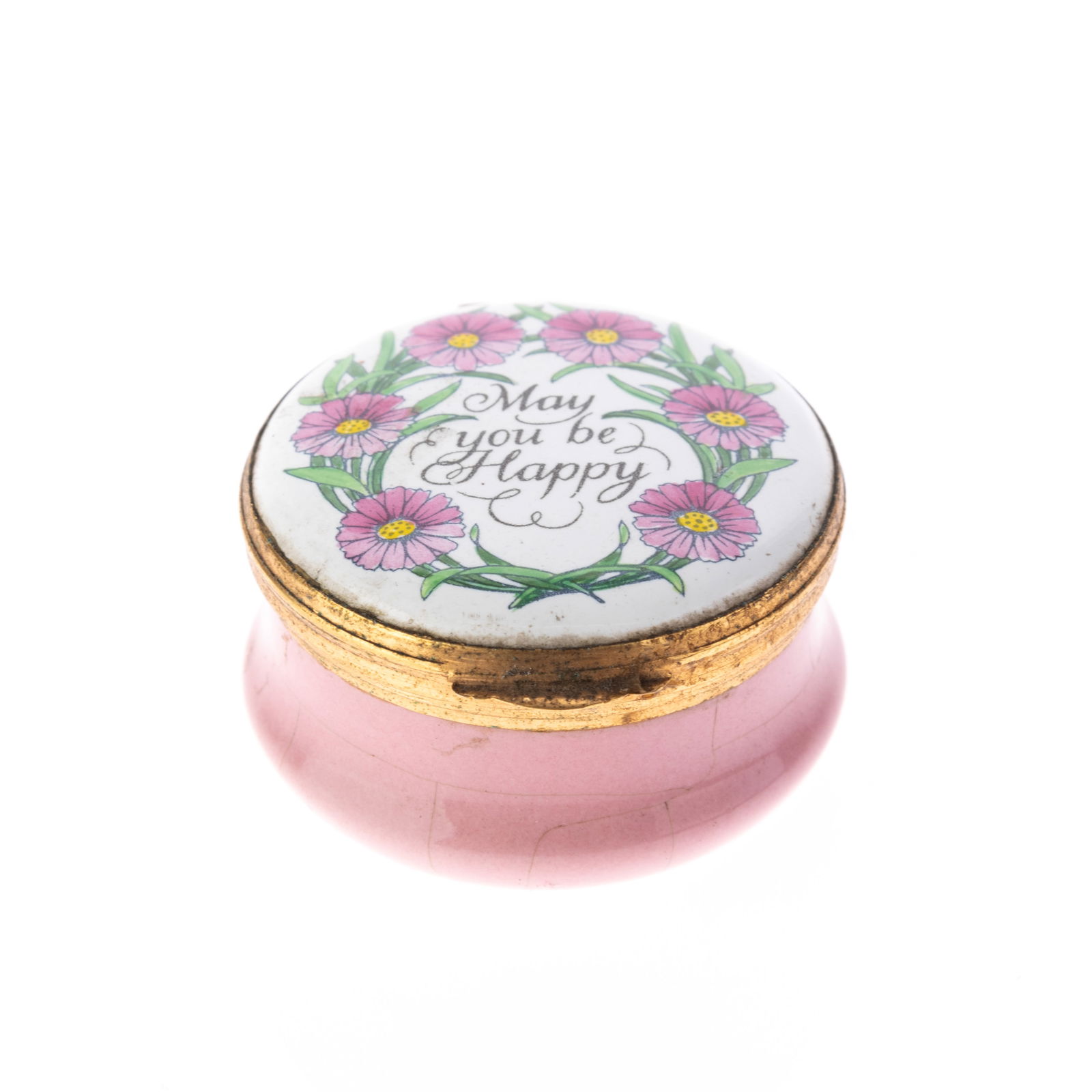 "MAY YOU BE HAPPY" ENAMEL ENGLISH PILL BOX: (W) 4CM.From a collection of Wedgwood and other selected ceramic/porcelain objects. Kindly examine all photographs provided in this listing or ask for a condition report. All items offered are in gene