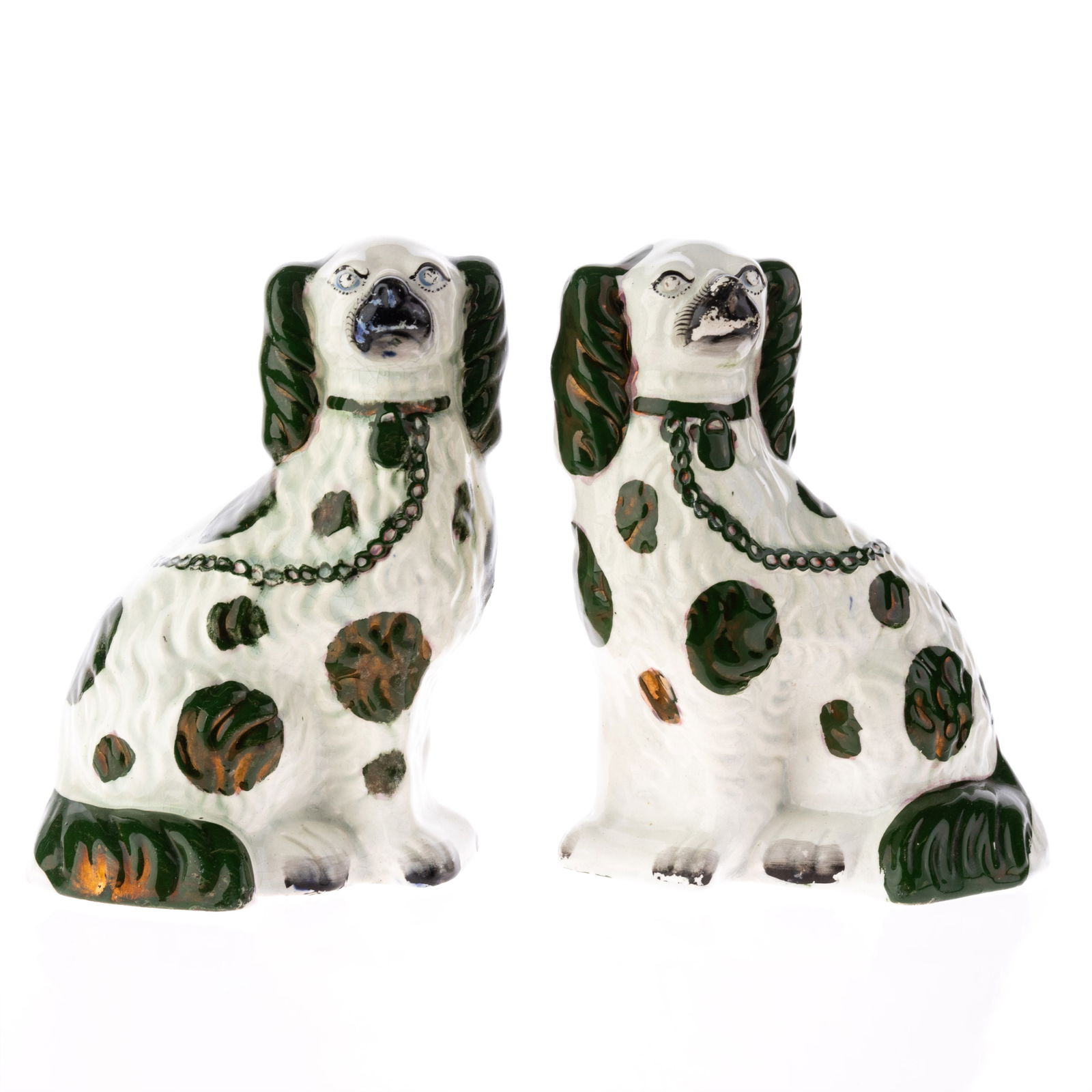 PAIR OF ENGLISH STAFFORDSHIRE POTTERY SPANIELS (1 of 2)
