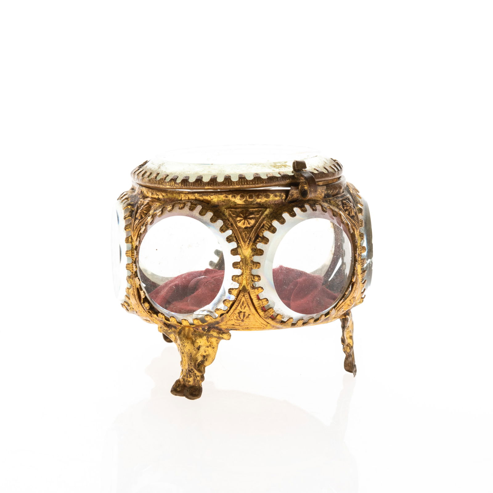 ANTIQUE ORMOLU VELVET-INLAID JEWELLERY GLASS CASKET (1 of 2)