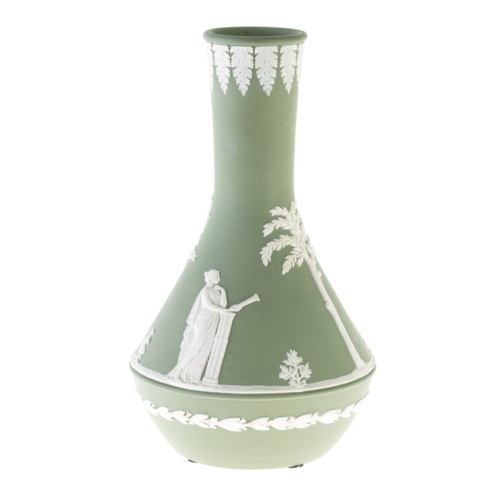WEDGWOOD GREEN JASPER PORCELAIN CAMEO VASE: (H) 19CM.From a collection of Wedgwood and other selected ceramic/porcelain objects. Kindly examine all photographs provided in this listing or ask for a condition report. All items offered are in gen