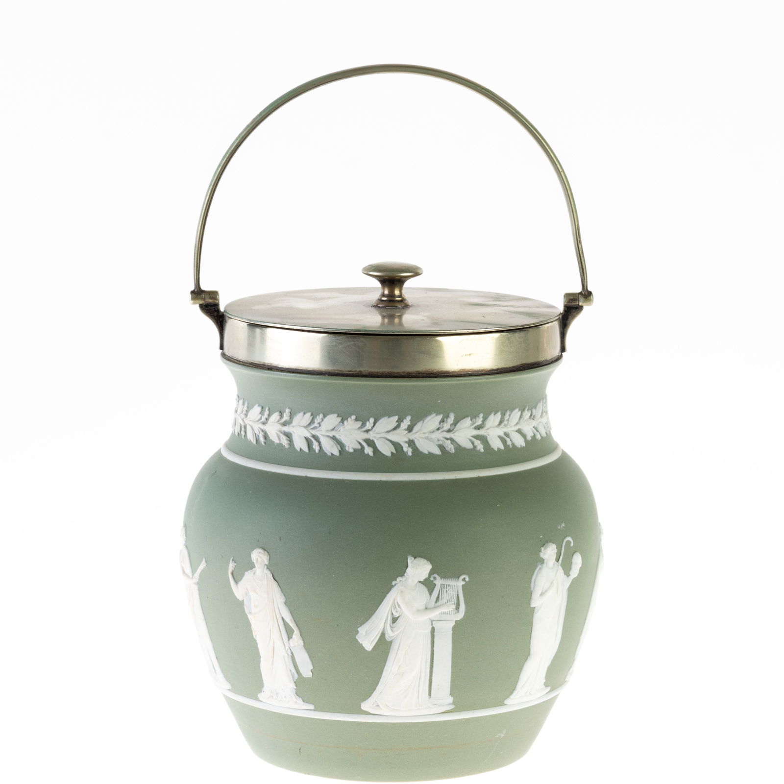 WEDGWOOD GREEN JASPER PORCELAIN CAMEO BISCUIT JAR: (H) 16CM. From a collection of Wedgwood and other selected ceramic/porcelain objects. Kindly examine all photographs provided in this listing or ask for a condition report. All items offered are in ge